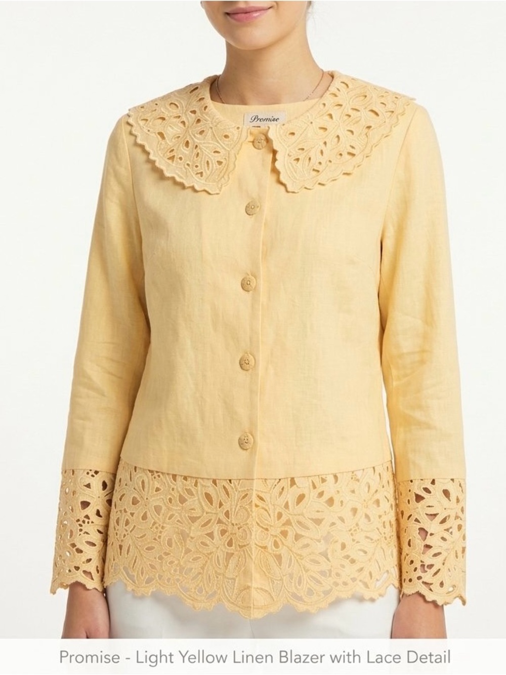 NWT Promise Light Yellow 100% Linen Lace Accent Blazer Jacket 1X